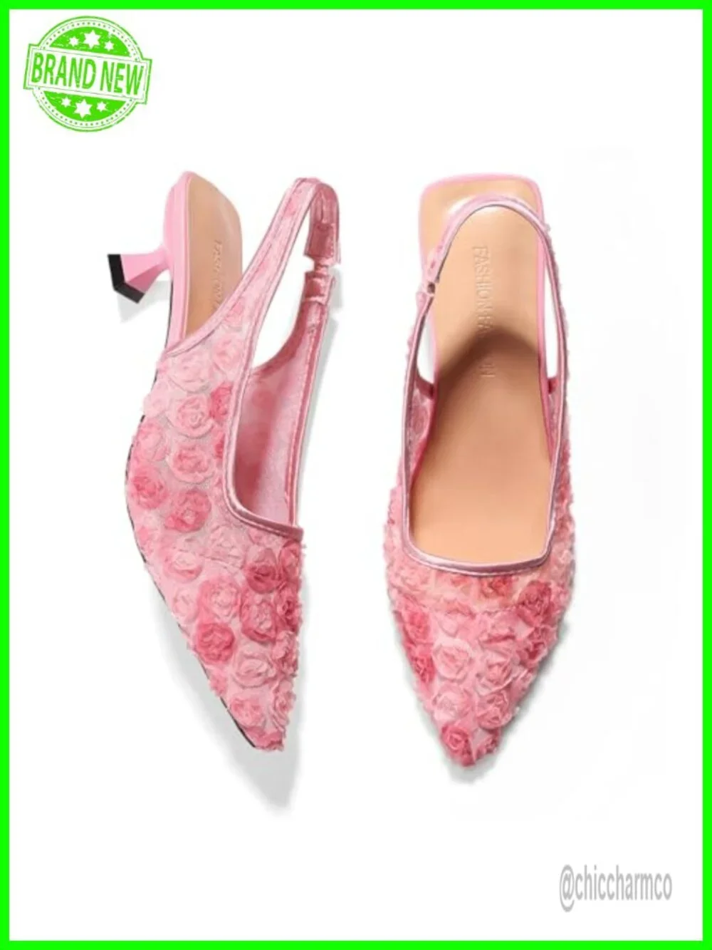 Women's Kitten Heels Lace Slingback Pointed Toe Floral Mesh Low Heel Dress